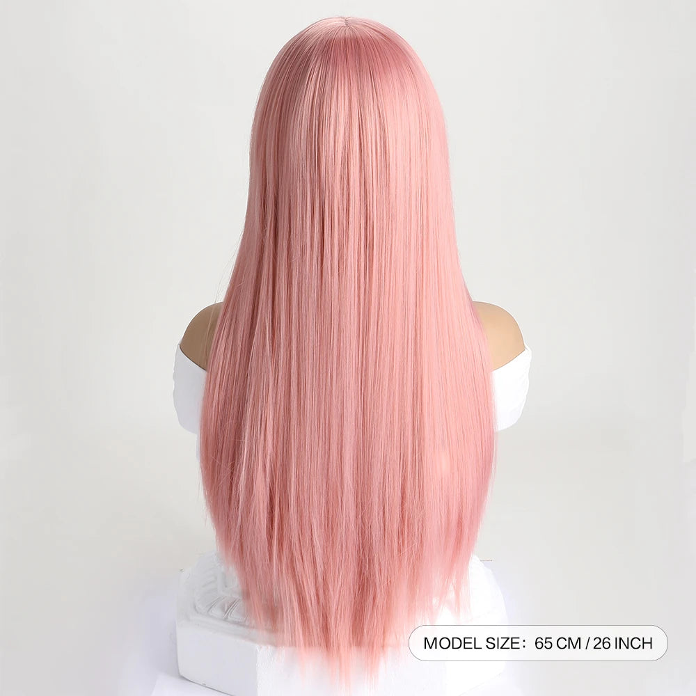 Long straight synthetic wig by LAQTA with sleek, smooth hair flowing past shoulders, showcasing a natural hairline and shiny finish.