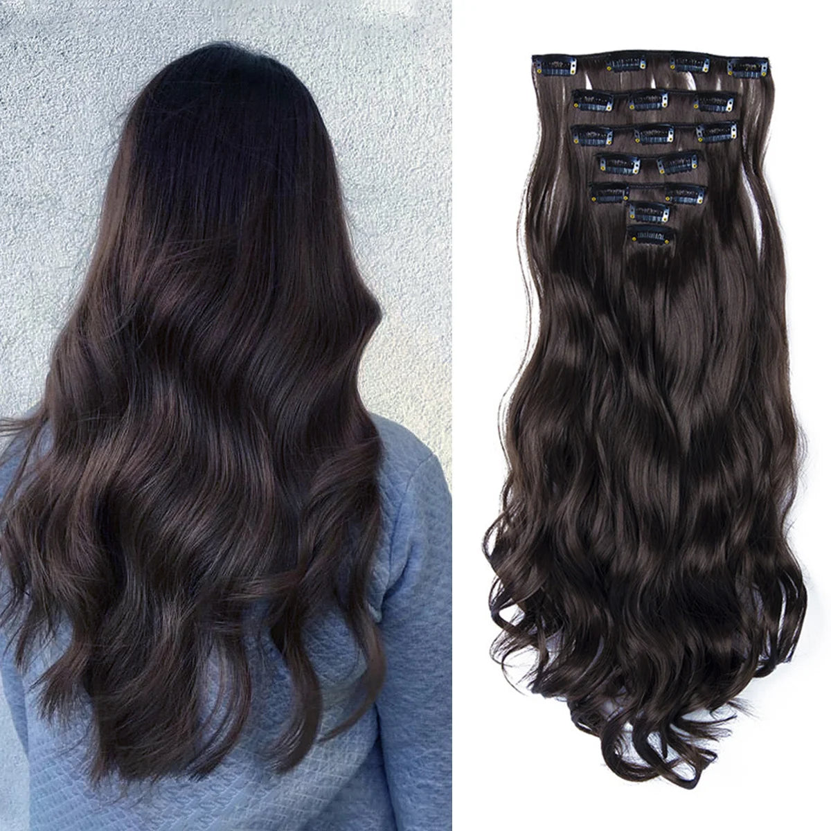 LAQTA clip-in hair extensions in natural black, showing long, straight strands with clips attached for easy styling.