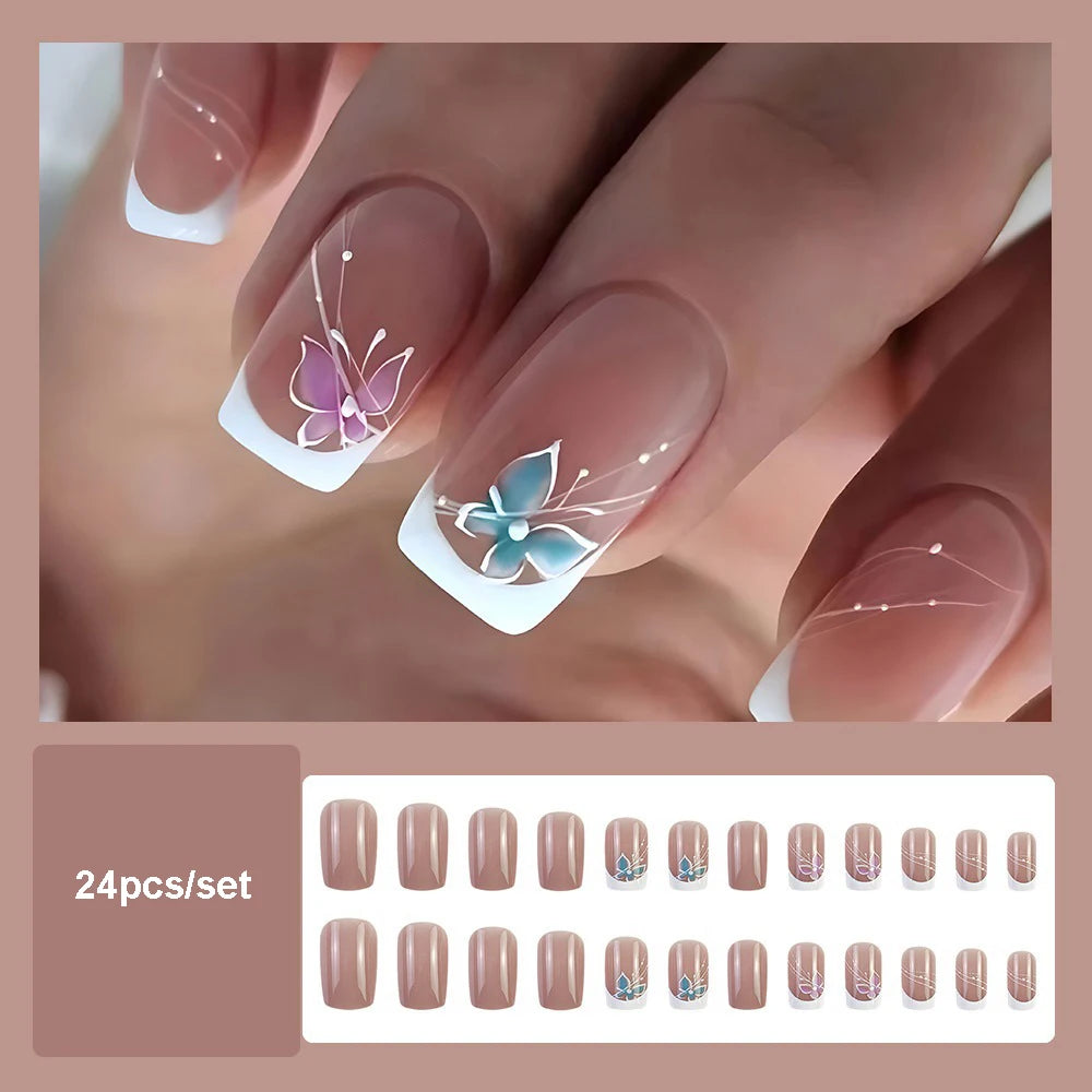 Set of 24 short acrylic nails from LAQTA featuring stylish, natural-looking designs for a trendy manicure.