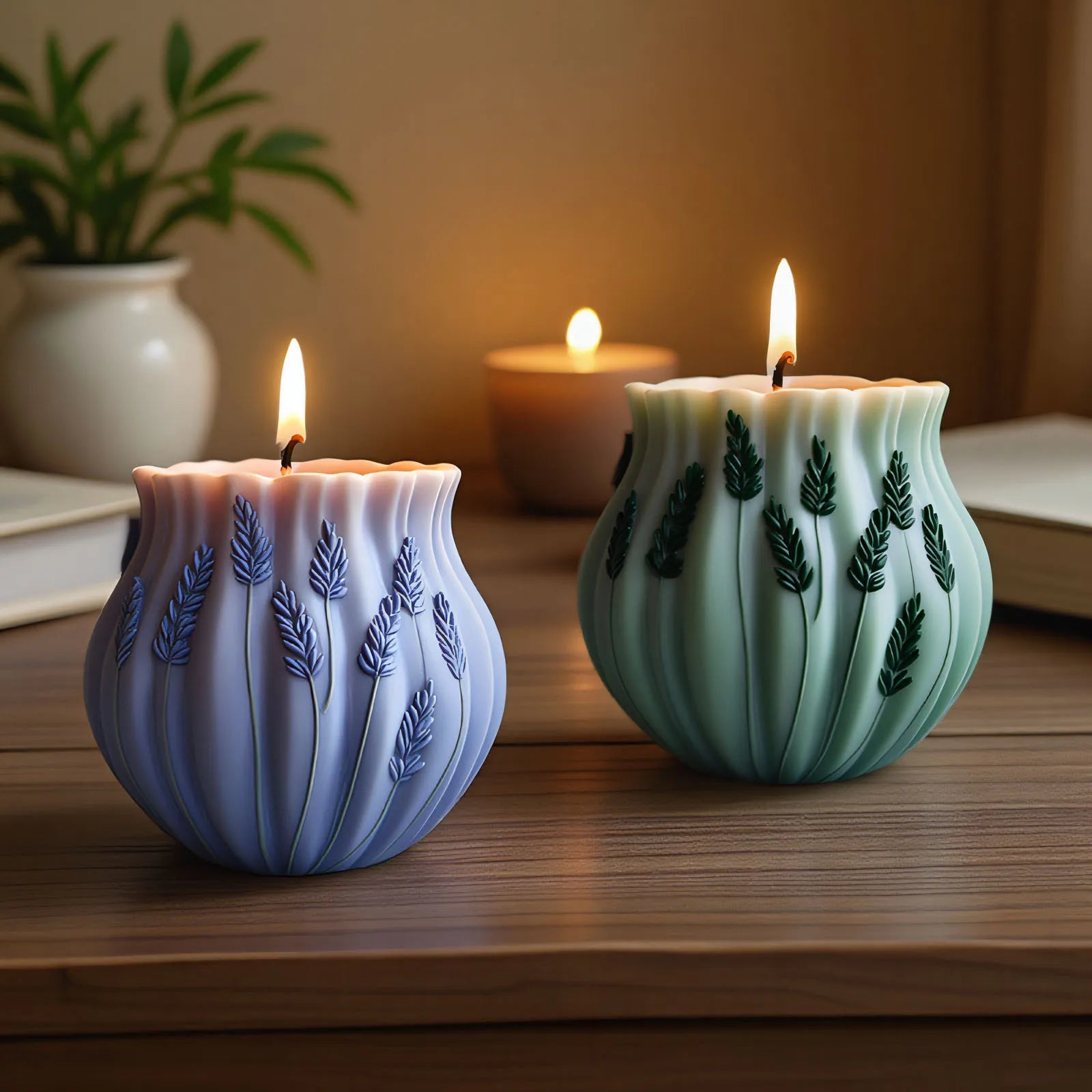 Lavender silicone candle mold by LAQTA, showing a flexible, lavender-colored mold with detailed floral design for candle making.