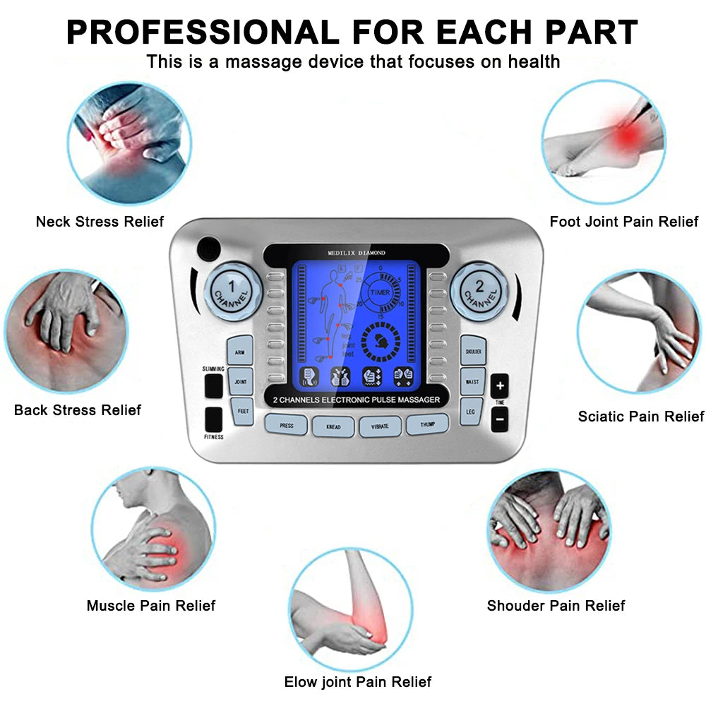 LAQTA digital electric pulse massager with 12 modes, showing control panel and display screen for pain relief therapy.