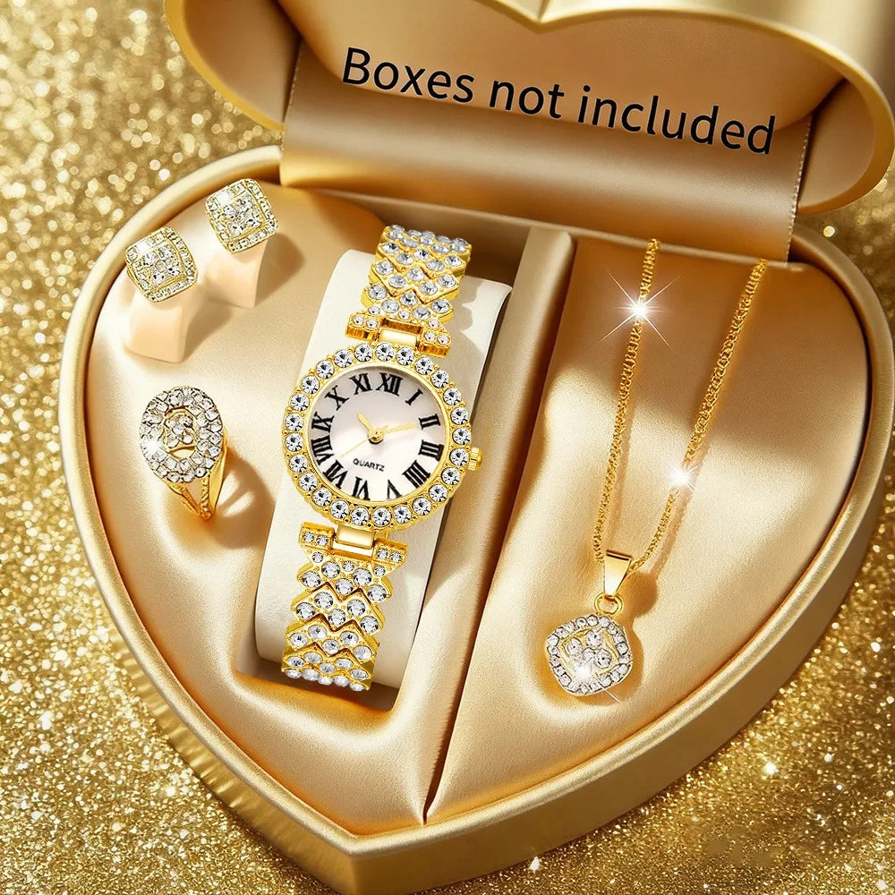 Elegant LAQTA rhinestone women’s watch set with five stylish timepieces featuring sparkling accents and classic designs.
