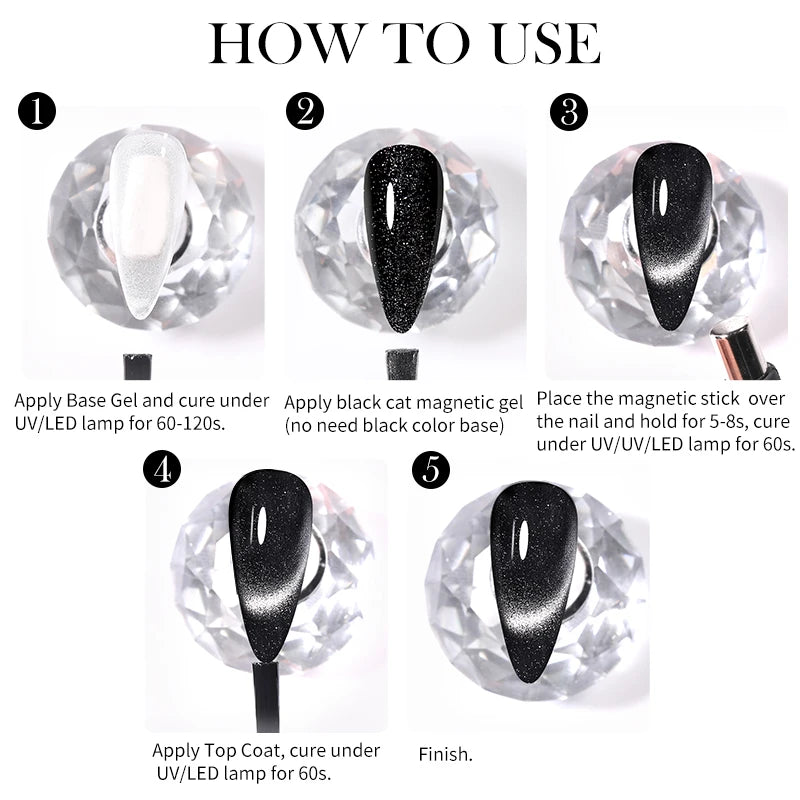 Black crystal cat-shaped magnetic gel in a container, designed for nail art by LAQTA.