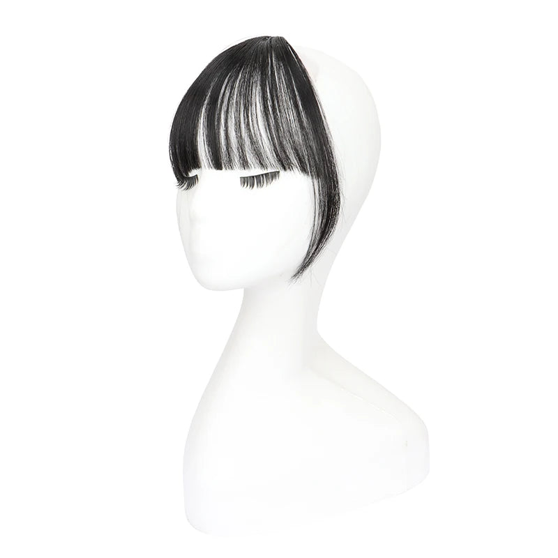 LAQTA synthetic invisible hair bangs styled on a mannequin head, showcasing natural-looking, seamless hair accessory for a stylish look.