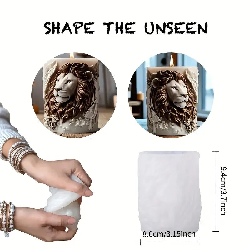3D lion relief candle mold by LAQTA, featuring detailed lion head design in silicone for crafting decorative candles.