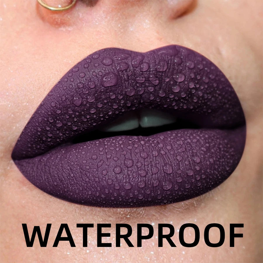 Matte velvet lip gloss by LAQTA showing a smooth, rich application in a close-up shot.