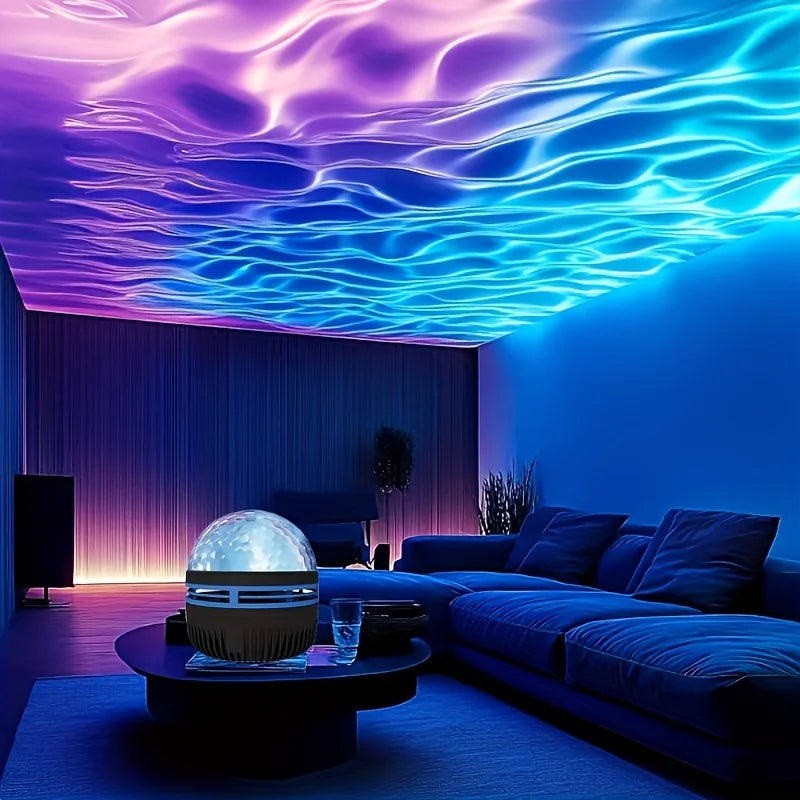 LAQTA powered water wave effect projector displaying colorful water wave patterns on a wall.