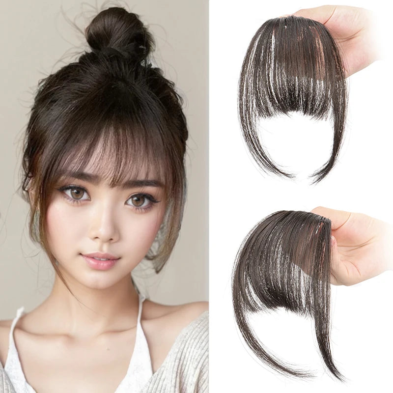 Synthetic invisible hair bangs by LAQTA, showcasing natural-looking, seamless hair extensions with a focus on realistic texture and color.