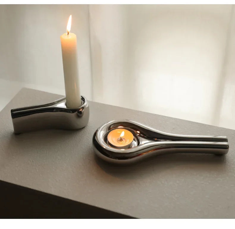 Luxury electroplating silver geometric ceramic candlestick by LAQTA featuring a modern, stylish design for decorative candle display.