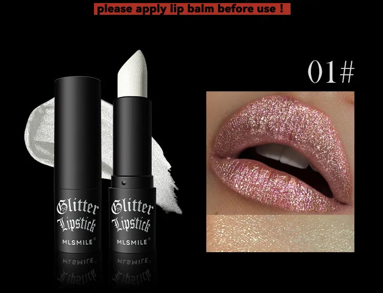 LAQTA waterproof glitter lipstick in vibrant shade, showcasing a shiny, sparkling finish on smooth lips.