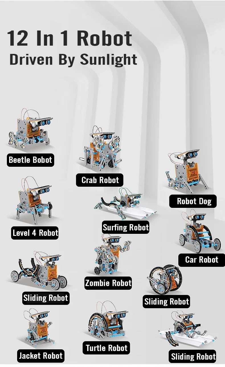 LAQTA 12-in-1 Science Experiment Solar Robot Toy DIY, showing assembled solar-powered robot with multiple configurations and colorful components.