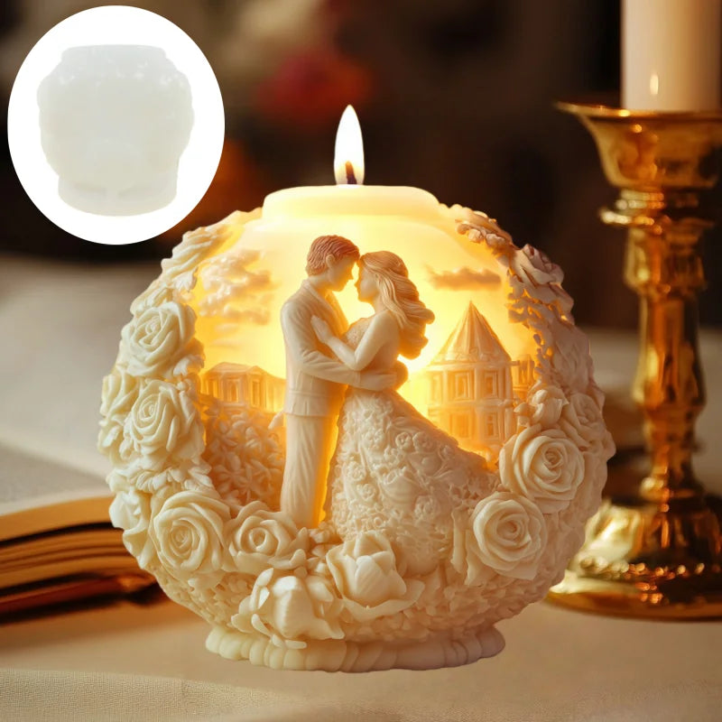 Embossed spherical candle mold for couples embrace design by LAQTA, showing the detailed textured interior and smooth exterior surface.