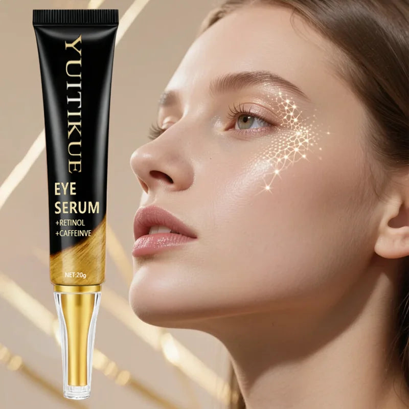 LAQTA Caffeine Eye Cream jar with applicator, showcasing the sleek packaging and creamy texture for reducing puffiness and dark circles