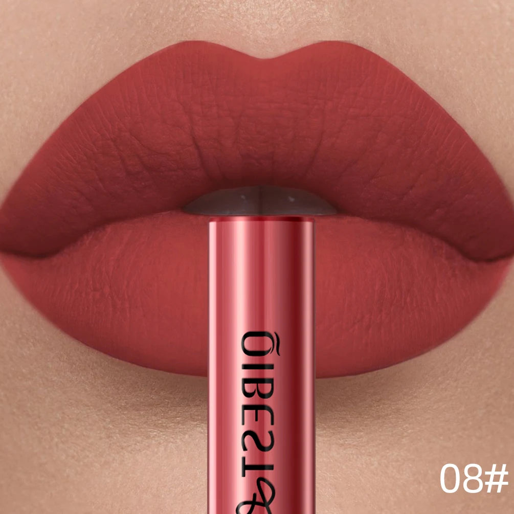 LAQTA Matte Liquid Lipstick tube shown with swatched color on hand, highlighting smooth, matte finish and vibrant shade.
