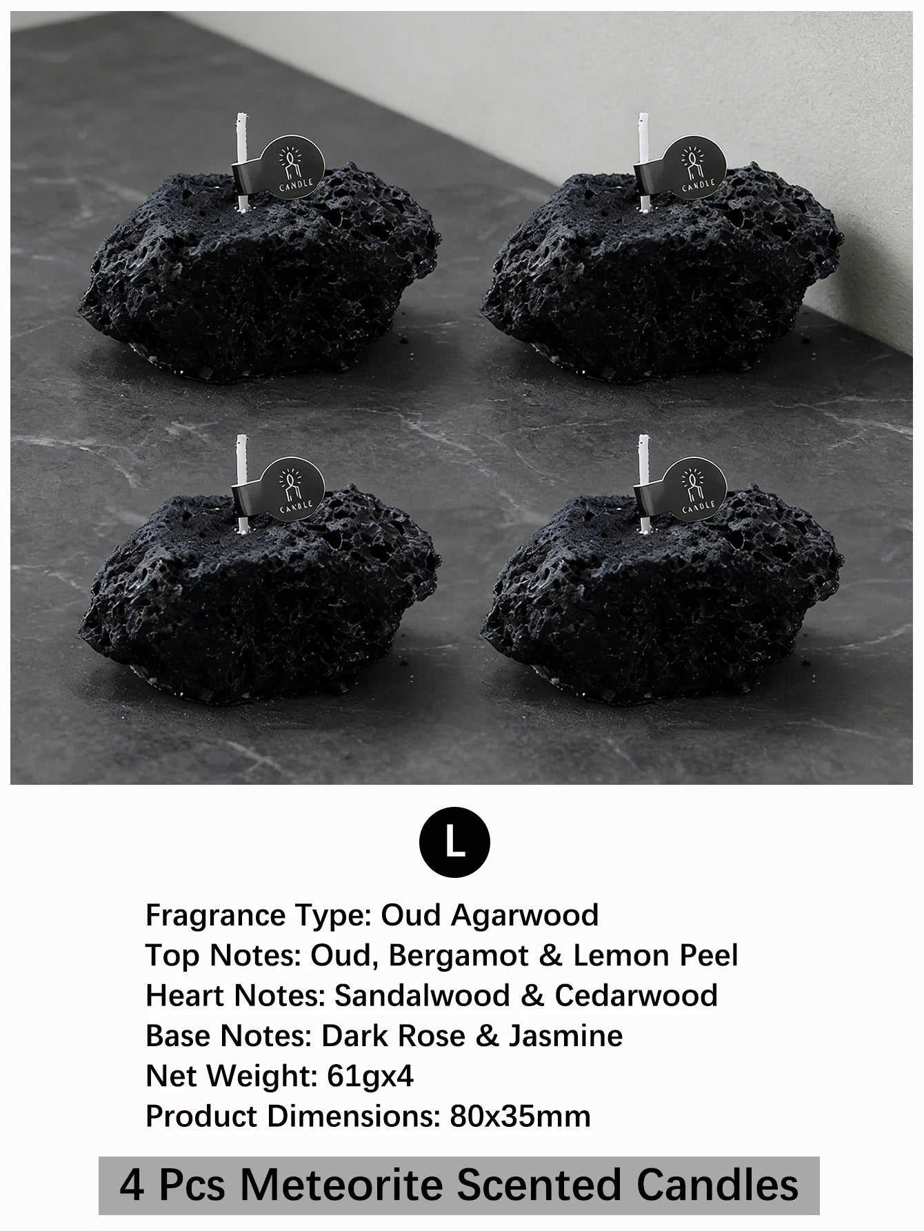 LAQTA Meteorite scented candle with a sleek black container and a glowing flame, designed to create a calming ambiance.