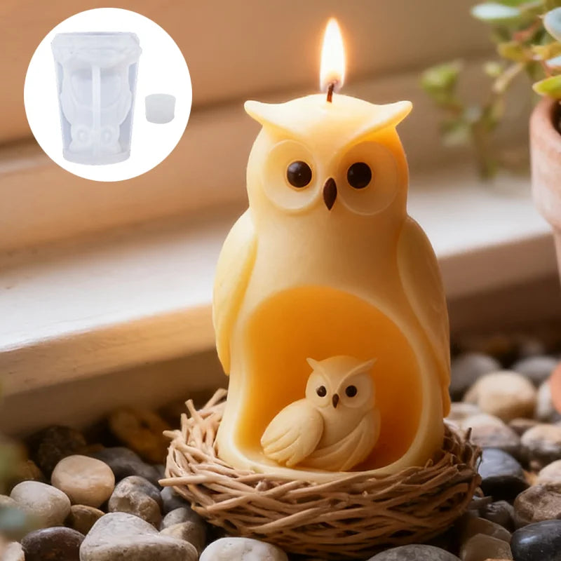 LAQTA 3D Owl and Baby candle mold showing detailed owl and baby shapes for crafting candles.