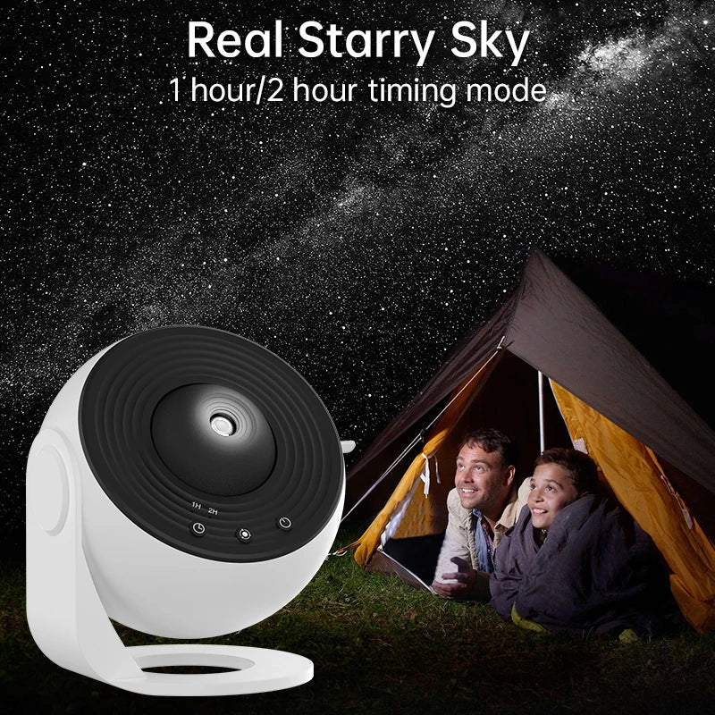 LAQTA Starry Sky Projector with 360° rotation displaying colorful star and moon patterns on a dark room ceiling.