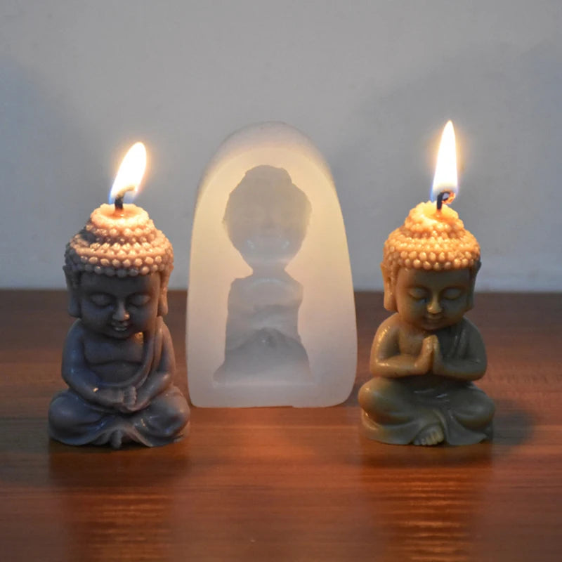 Silicone mold for Little Buddha candles by LAQTA, showing detailed Buddha figure design in flexible silicone material.