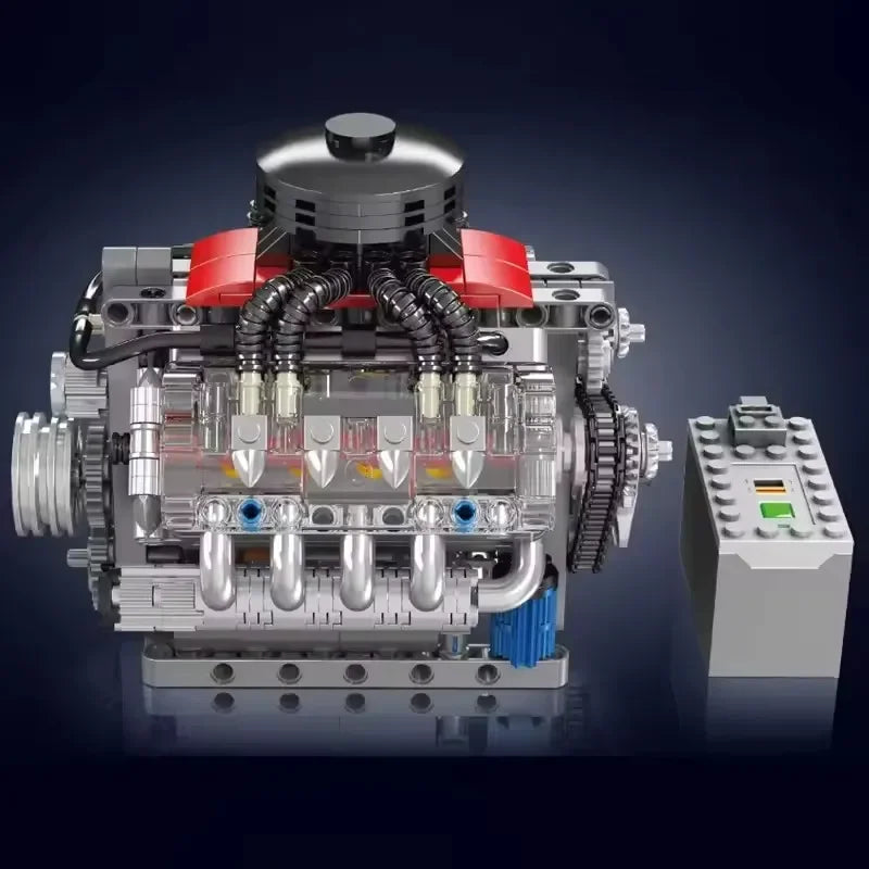LAQTA V8 engine model showing detailed metallic engine block with pistons and components on a plain background.