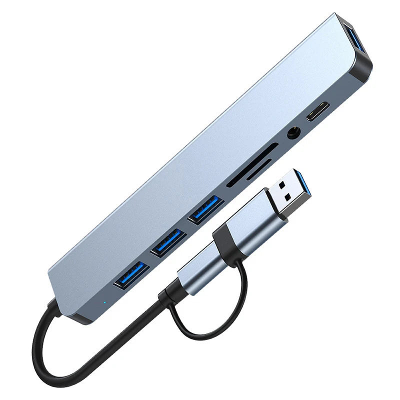 LAQTA 8-in-2 USB and Type-C hub docking station with multiple ports, shown with connected cables and sleek black design.