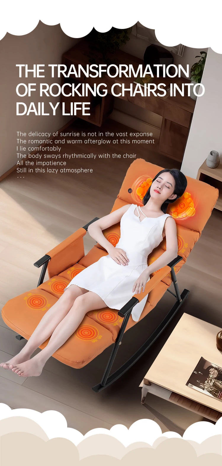 LAQTA Smart Leisure rocking massage chair with padded armrests and ergonomic design, shown in a cozy living room setting.