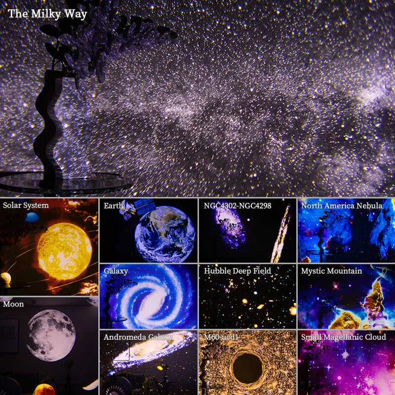 LAQTA Starry Sky Projector with 360° rotation displaying colorful star patterns and cosmic light effects on a dark background.