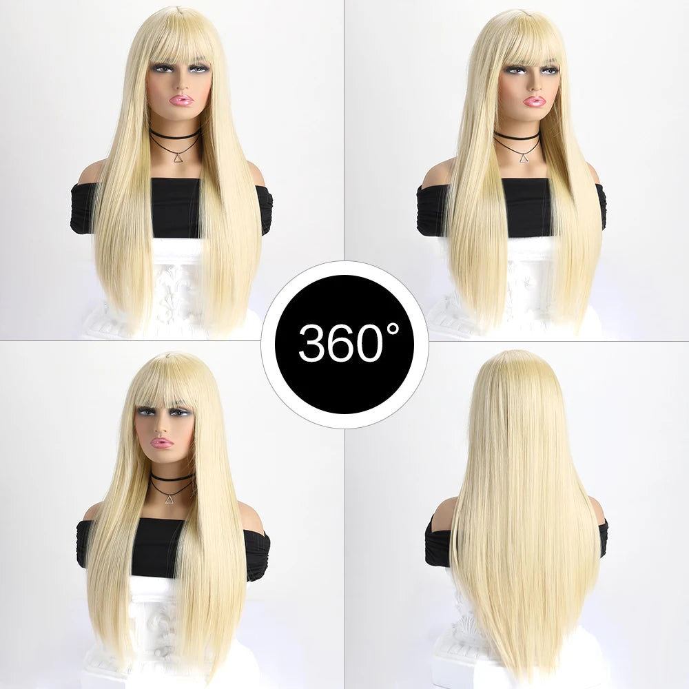Long straight synthetic wig by LAQTA, featuring smooth, sleek hair with natural shine and even length, styled for a modern look.