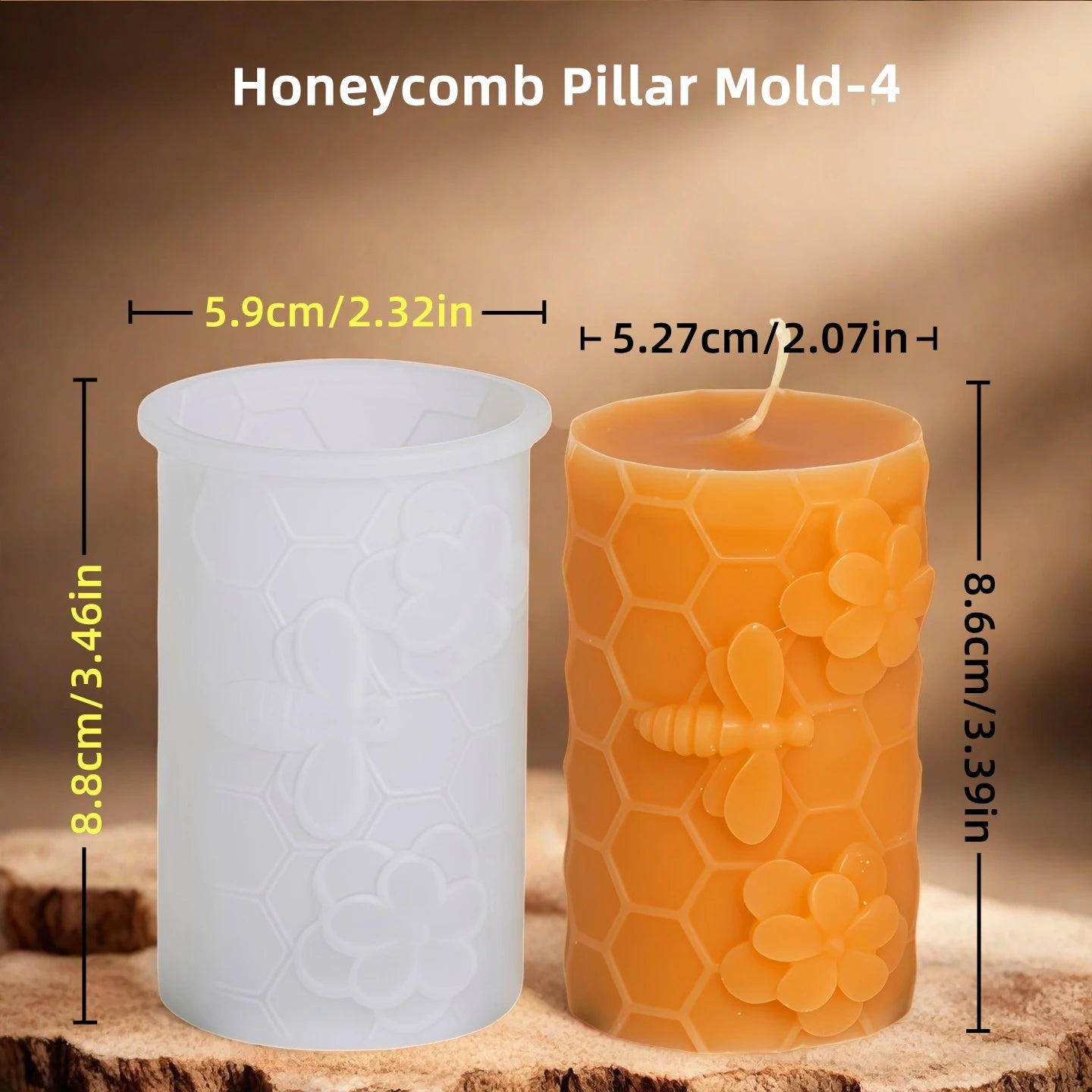 LAQTA 3D honeycomb pillar candle silicone mold showing textured honeycomb design for handmade candles.