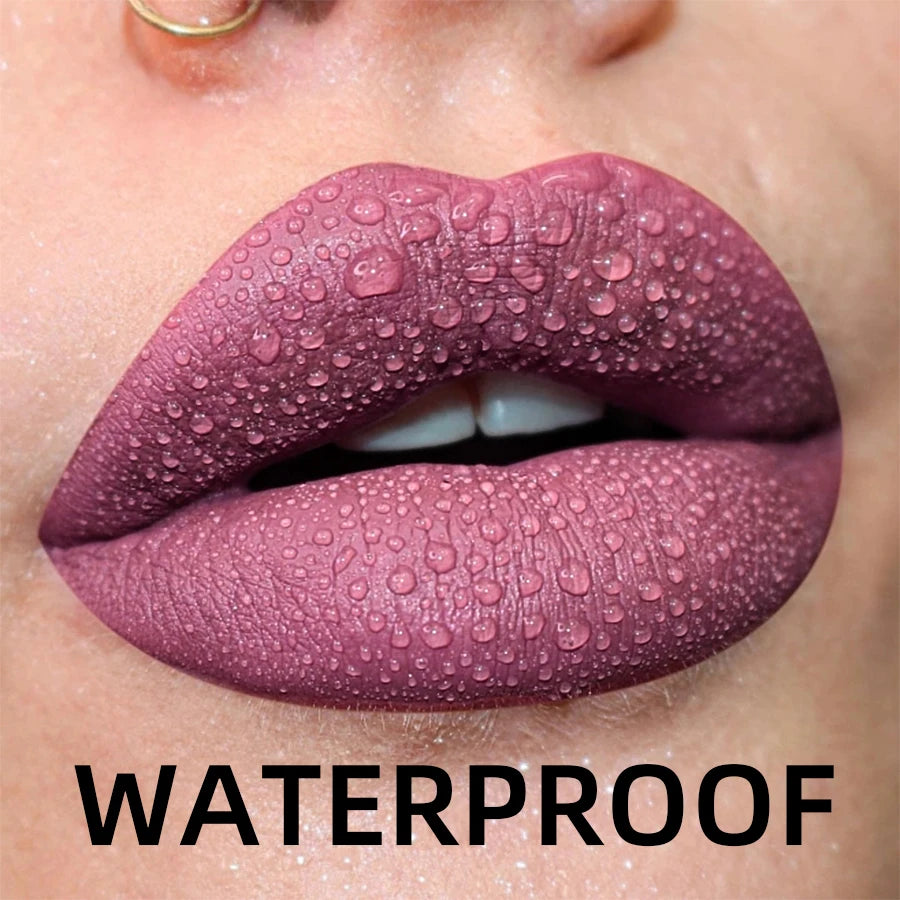 LAQTA matte velvet lip gloss tube with applicator, showcasing smooth, velvety finish in a soft, elegant packaging.