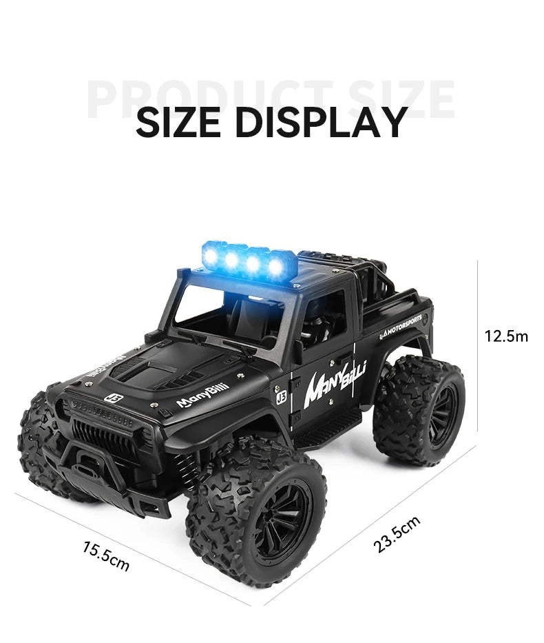 LAQTA 2.4GHz remote control Jeep with detailed exterior and rugged tires, perfect for outdoor play and off-road adventures.