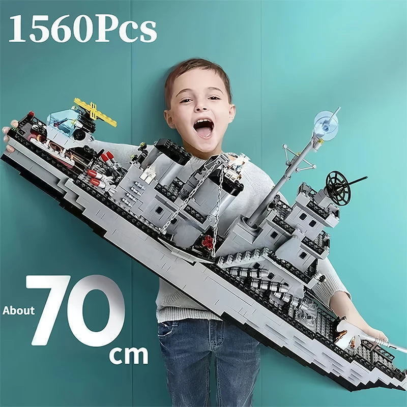 Navy blue war army ship model by LAQTA featuring detailed deck and superstructure, ideal for military ship enthusiasts.