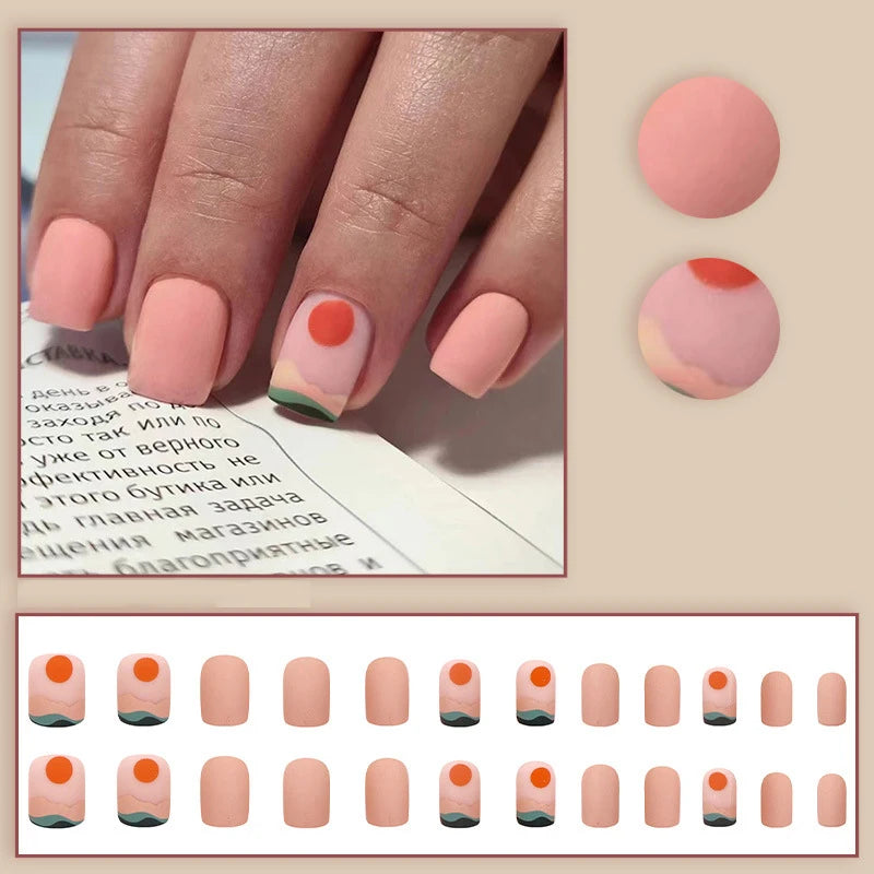 Set of 24 short square-shaped acrylic nails by LAQTA, neatly arranged with a variety of natural and elegant nail designs.