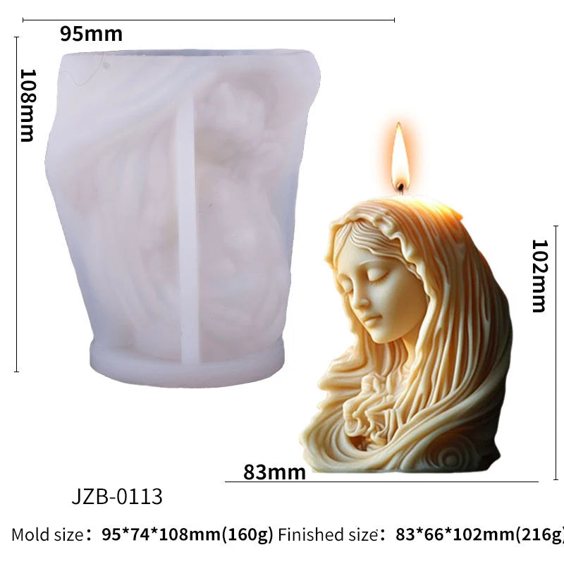 Silicone mold for Jesus statue candles by LAQTA, showing detailed religious figure outline for crafting candles.