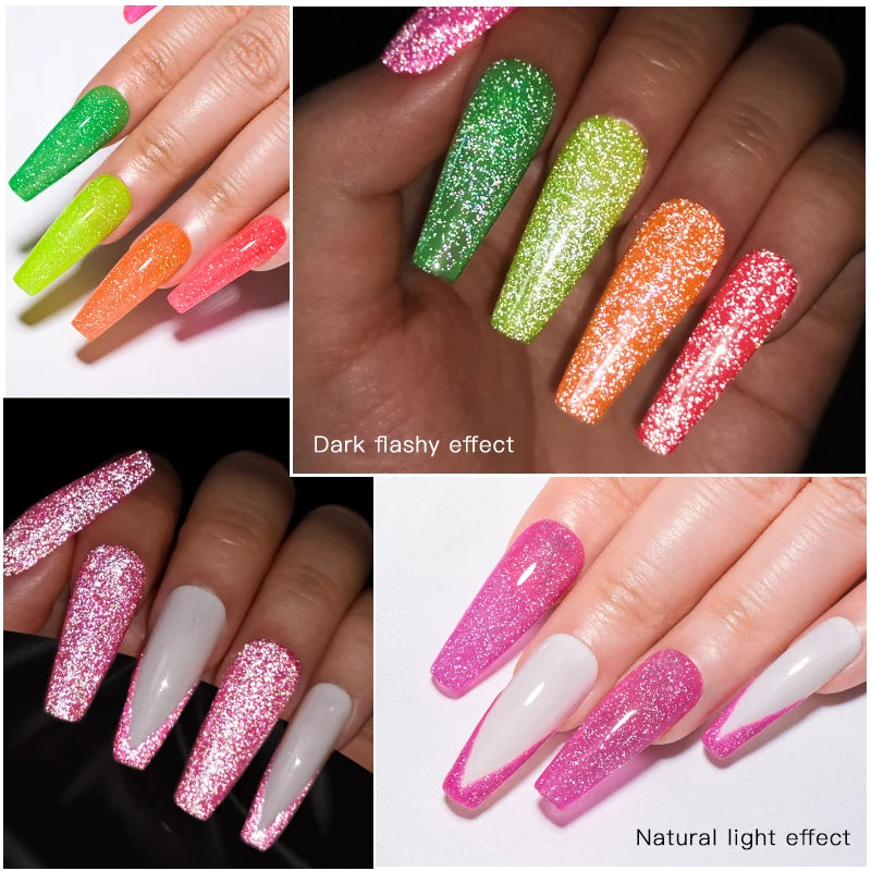 LAQTA fluorescent reflective gel nail polish in vibrant, glowing finish with a smooth, glossy texture on a neutral background.