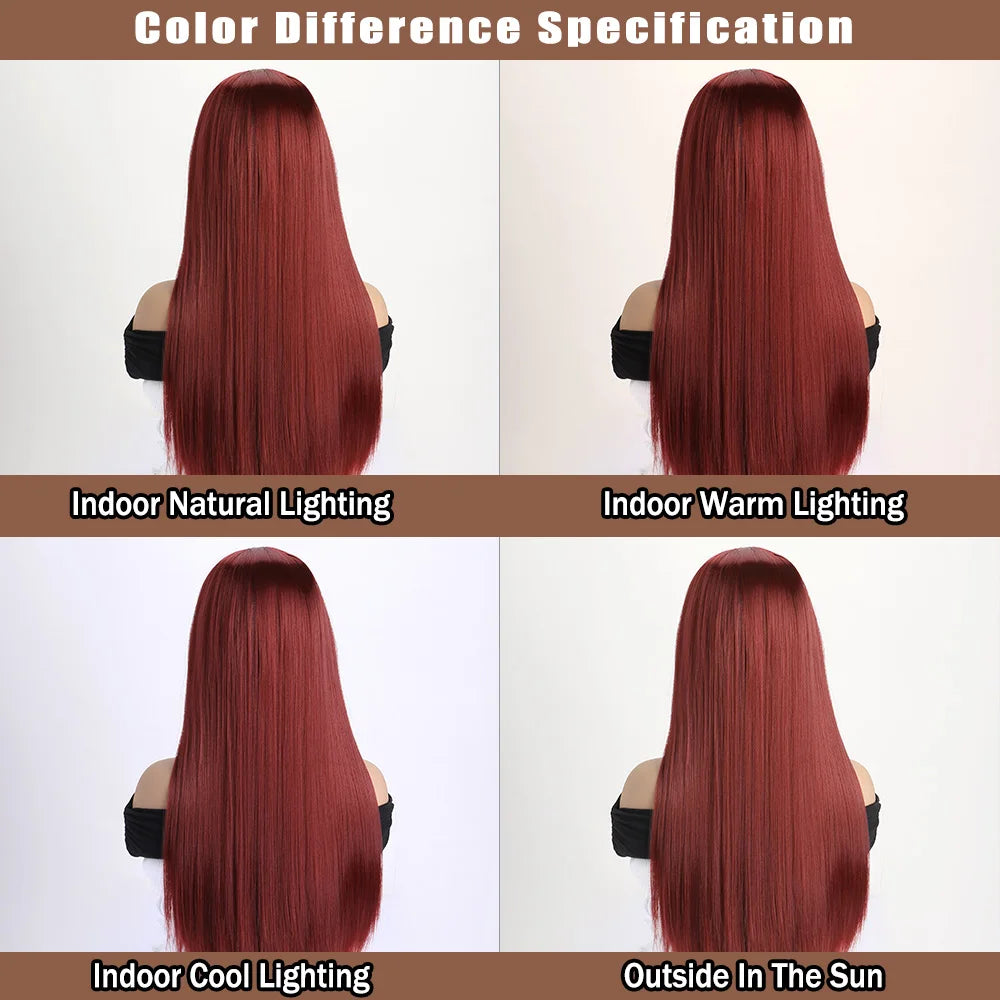 Long straight synthetic wig by LAQTA with sleek, smooth hair flowing over shoulders, natural-looking style and shiny finish.