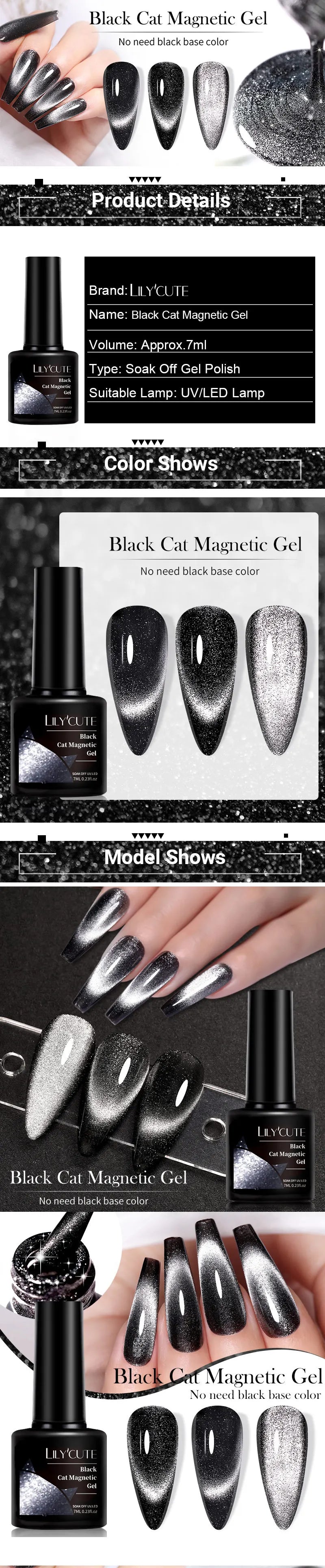 Black crystal cat-shaped magnetic gel from LAQTA with shiny black crystals and a magnetic base, designed for nail art.