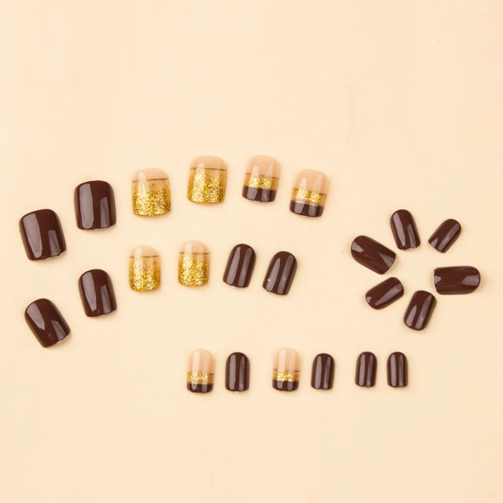 Short square fake nails by LAQTA, showcasing neatly manicured, glossy artificial nails with a smooth finish