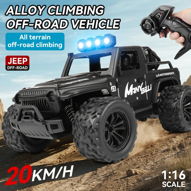 LAQTA 2.4GHz remote control Jeep toy, blue off-road vehicle with large tires and detailed exterior for kids' outdoor play