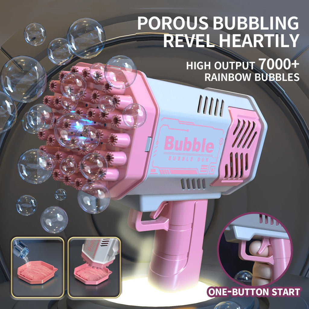 LAQTA fully automatic bubble machine emitting streams of bubbles in a playful outdoor setting.