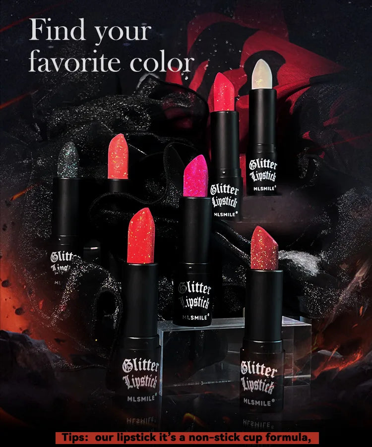 LAQTA waterproof glitter lipstick in vibrant shades, featuring a shimmering, glossy finish for bold, glamorous lips.