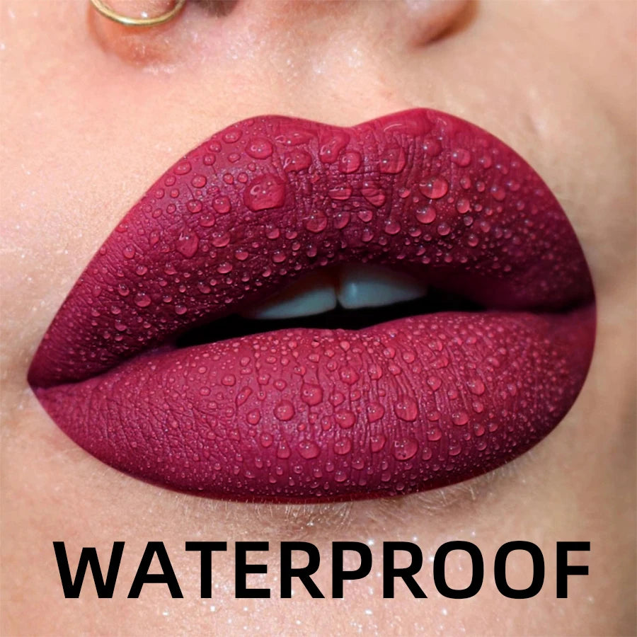 LAQTA matte velvet lip gloss tube with applicator, showcasing smooth, velvety finish in a sleek black container.