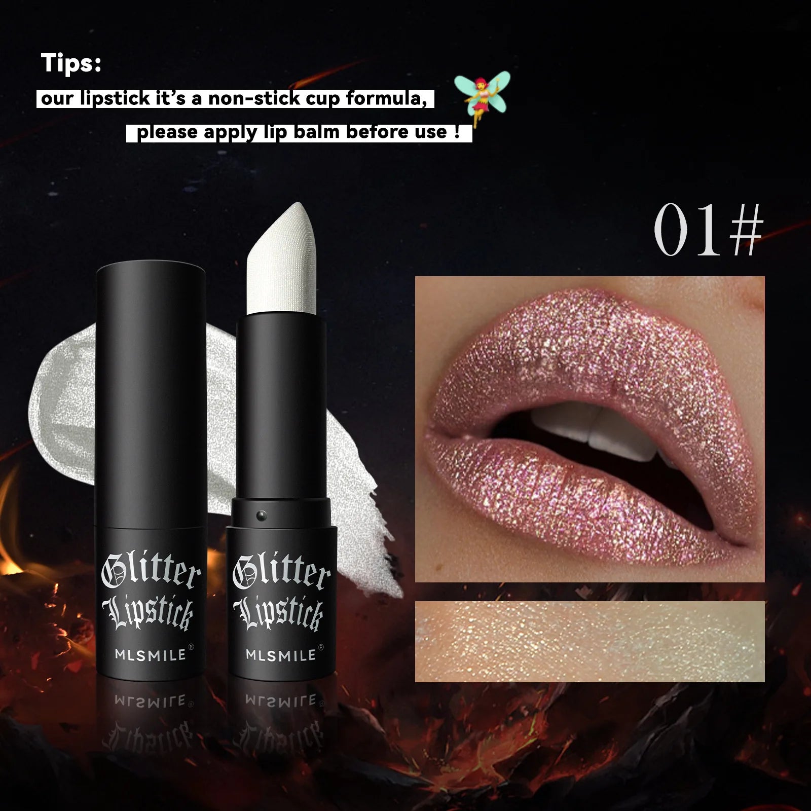 LAQTA glitter waterproof lipstick in vibrant shade, featuring a sleek bullet design with shimmering, glossy finish.