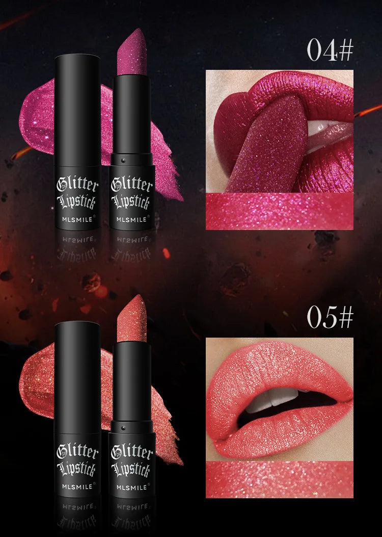LAQTA waterproof glitter lipstick with shiny, sparkling finish, shown in a close-up image of the vibrant lipstick tube.