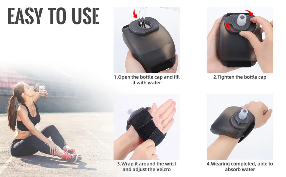 LAQTA wrist water bottle with adjustable strap and portable design, ideal for staying hydrated on the go