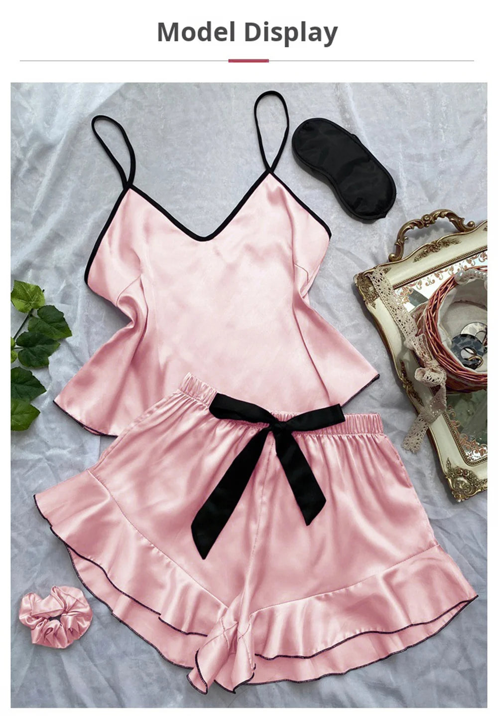 Women's smooth satin pajamas set featuring a V-neck T-shirt in luxurious satin fabric, stylish and comfortable by LAQTA.