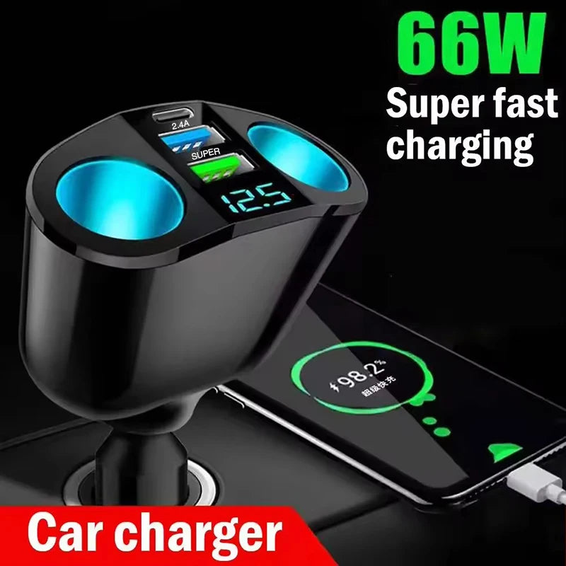 LAQTA dual-port car charger adapter with two USB ports for charging devices in a vehicle.