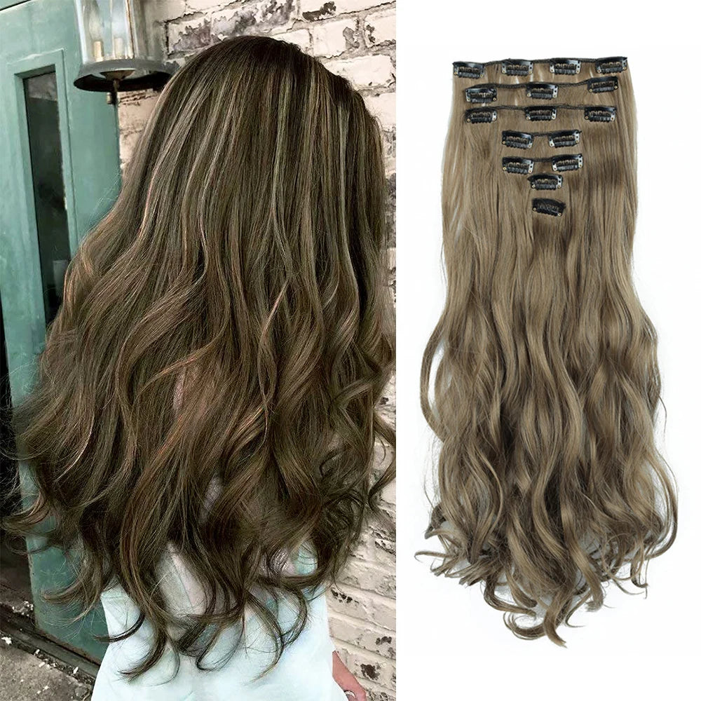 LAQTA clip-in hair extensions in natural black, showing the seamless attachment clips and long, straight hair strands.