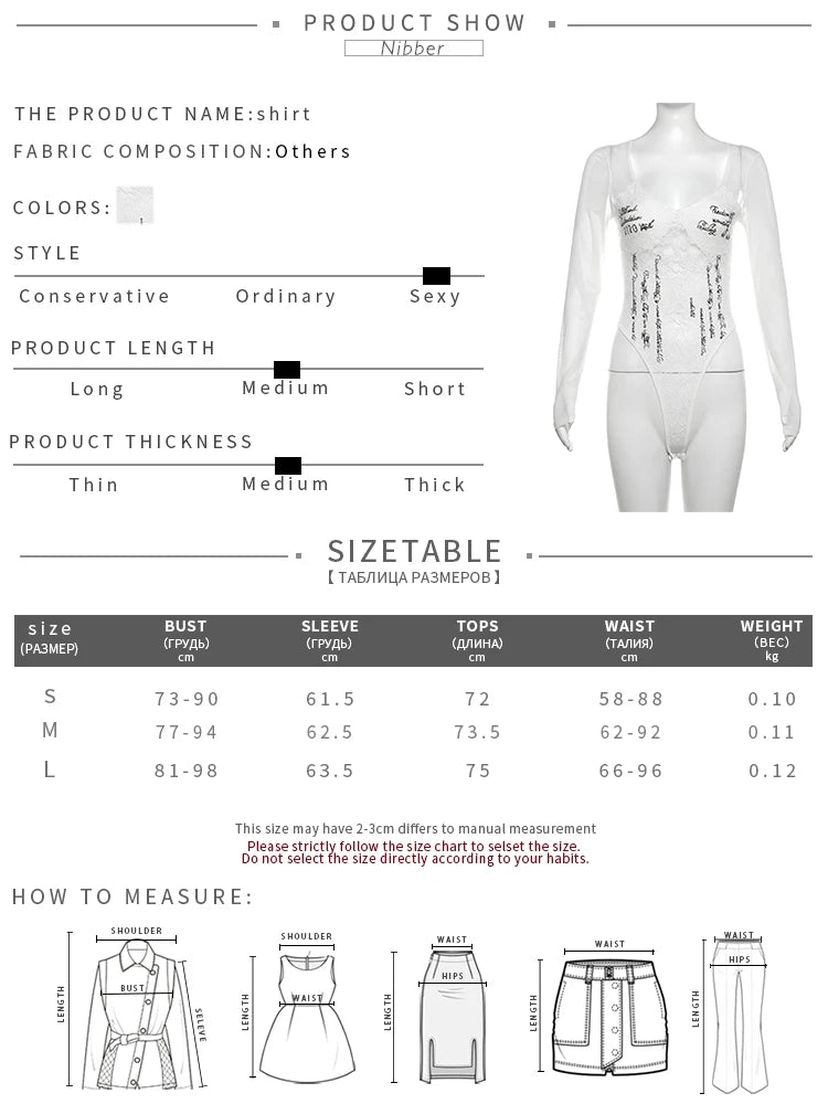 Woman wearing LAQTA letter print bodysuit with long sleeves, close-up of the stylish black and white design.