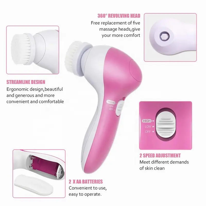 LAQTA 5-in-1 electric facial cleaner with multiple attachments for deep cleansing and skin exfoliation.