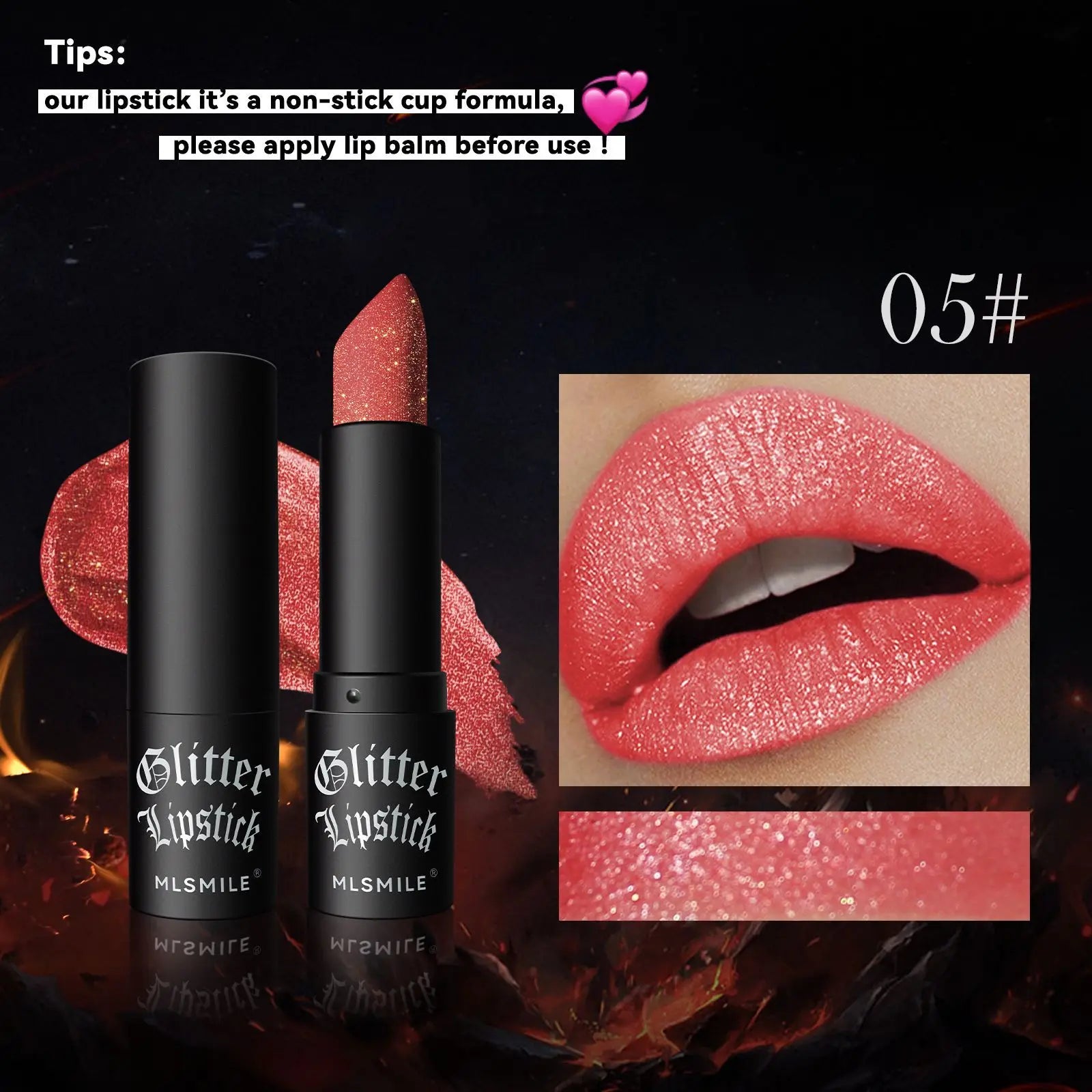 LAQTA Glitter Waterproof Lipstick in vibrant shade, showcasing sparkly, glossy finish on smooth lips.